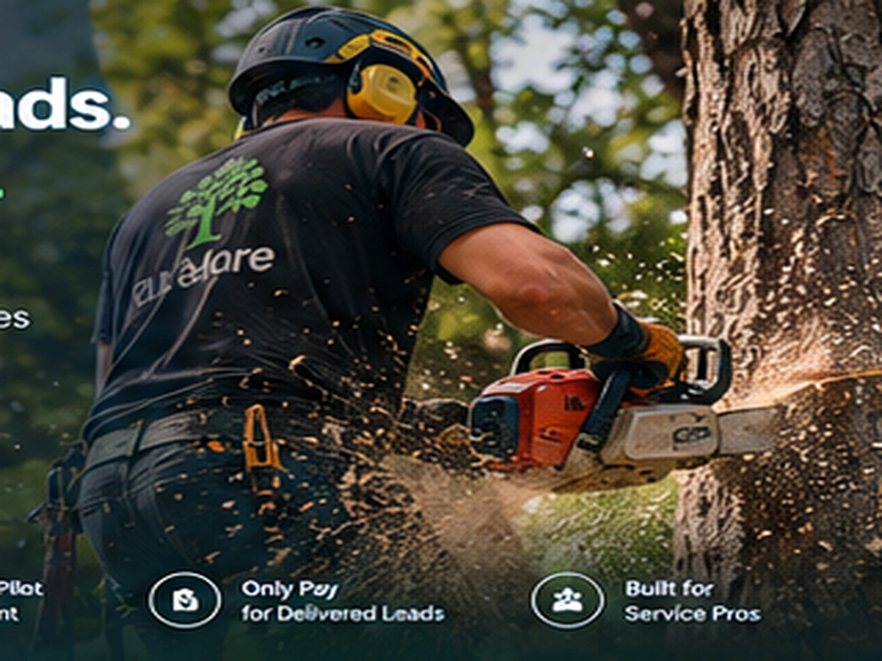 Professional tree-service arborist working in a residential tree